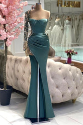 Elegant Green Mermaid Strapless One-shoulder Long Sleeve Beaded Satin Split Front Prom Evening Dresses With Rhinestone