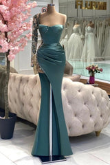 Elegant Green Mermaid Strapless One-shoulder Long Sleeve Beaded Satin Split Front Prom Evening Dresses With Rhinestone
