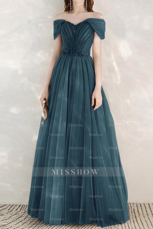 Elegant Infinity Tulle Off the Shoulder Sweetheart Long Formal Dress With Sequins