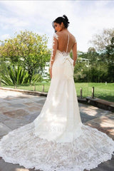 Elegant Ivory Crew Long Sleeves Mermaid Wedding Dress with Appliques and Chapel Train