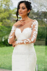 Elegant Ivory Crew Long Sleeves Mermaid Wedding Dress with Appliques and Chapel Train