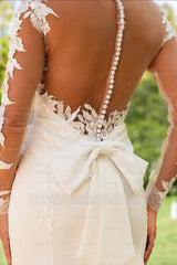 Elegant Ivory Crew Long Sleeves Mermaid Wedding Dress with Appliques and Chapel Train