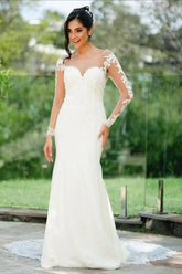 Elegant Ivory Crew Long Sleeves Mermaid Wedding Dress with Appliques and Chapel Train