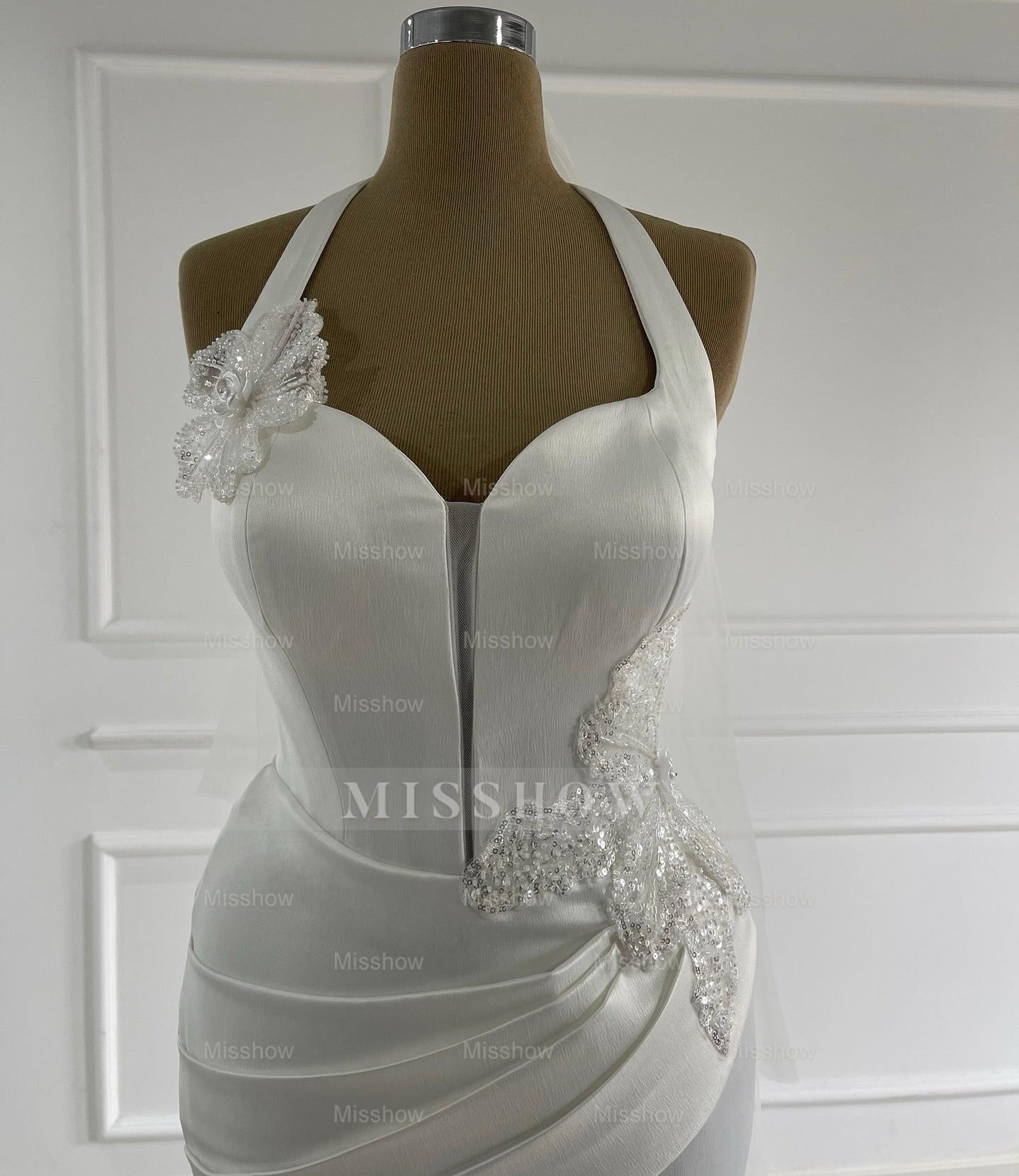Elegant Ivory Halter Sleeveless Mermaid Wedding Dress with Detachable Train