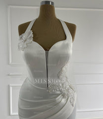 Elegant Ivory Halter Sleeveless Mermaid Wedding Dress with Detachable Train
