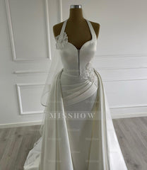 Elegant Ivory Halter Sleeveless Mermaid Wedding Dress with Detachable Train