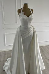 Elegant Ivory Halter Sleeveless Mermaid Wedding Dress with Detachable Train