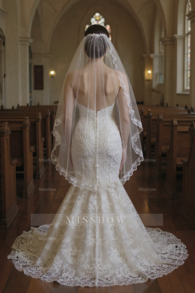 Elegant Ivory Mermaid Sweetheart Strapless Sleeveless Beaded Lace Sweep Train Wedding Dress