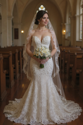 Elegant Ivory Mermaid Sweetheart Strapless Sleeveless Beaded Lace Sweep Train Wedding Dress