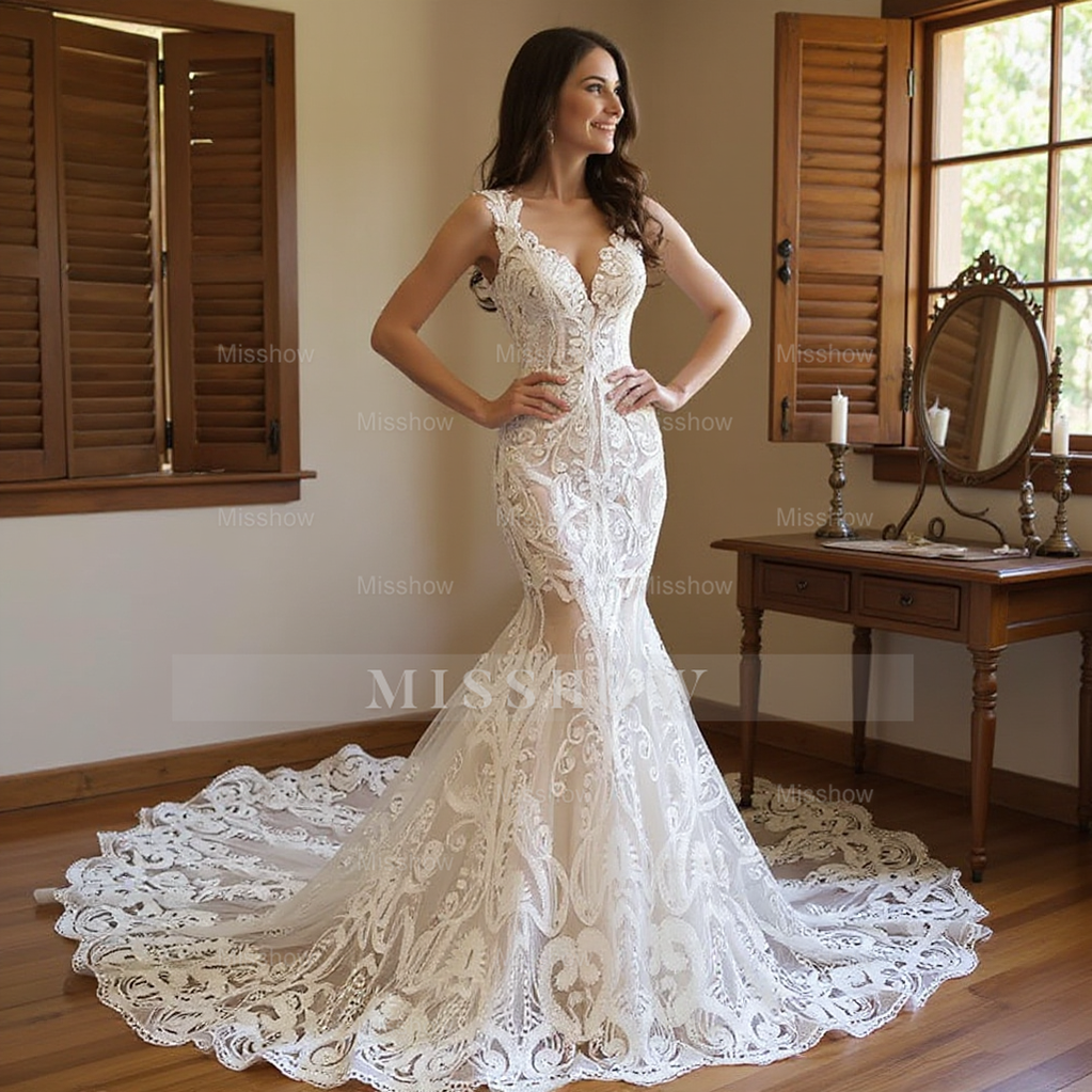 Elegant Ivory Mermaid V-Neck Sleeveless Beaded Lace Cathedral Train Wedding Dress With Pearls