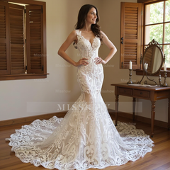 Elegant Ivory Mermaid V-Neck Sleeveless Beaded Lace Cathedral Train Wedding Dress With Pearls