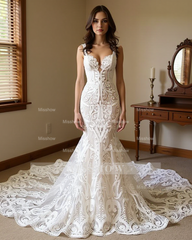 Elegant Ivory Mermaid V-Neck Sleeveless Beaded Lace Cathedral Train Wedding Dress With Pearls