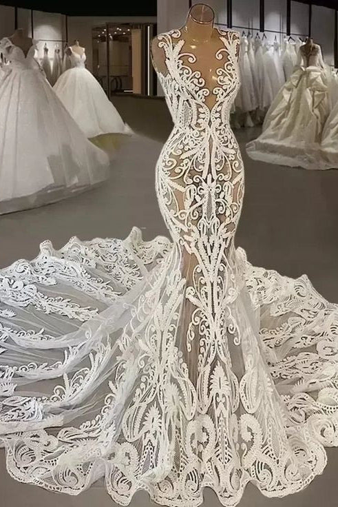 Elegant Ivory Mermaid V-Neck Sleeveless Beaded Lace Cathedral Train Wedding Dress With Pearls