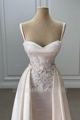 Elegant Ivory Sweetheart Spaghetti Strap Sleeveless Beaded Panel Train Ruffle Long Satin Wedding Dresses