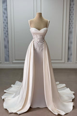 Elegant Ivory Sweetheart Spaghetti Strap Sleeveless Beaded Panel Train Ruffle Long Satin Wedding Dresses