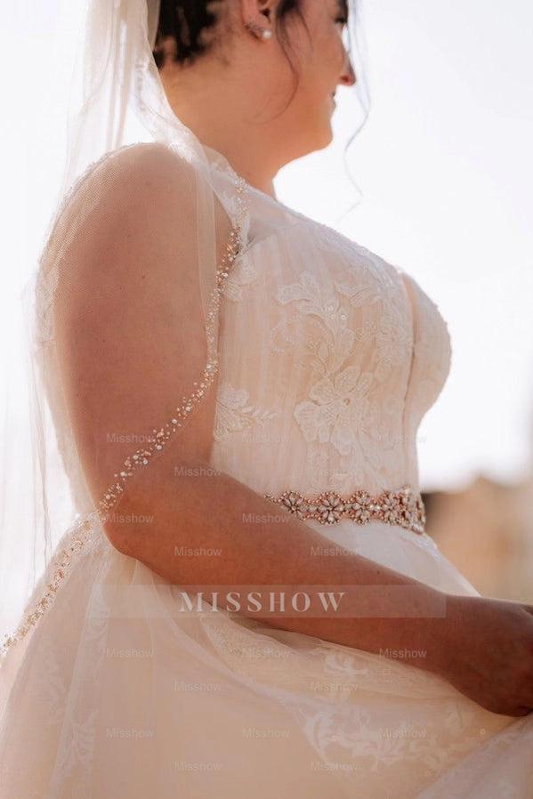 Elegant Ivory V-Neck Sleeveless A-Line Wedding Dress with Appliques and Beaded Belt