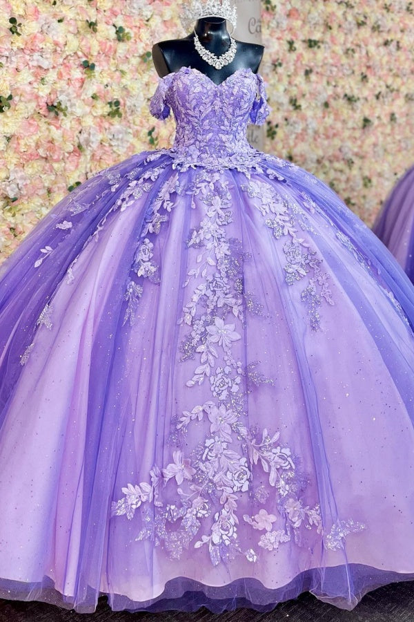 Elegant Lavender Sweetheart Cap Sleeve Applique Lace-Up Ball Gown Quinceanera Dress