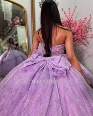Elegant Lavender Sweetheart Sleeveless Beaded Corset Bow Ball Gown Quinceanera Gown