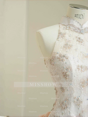 Elegant Light Pink Lace Sequin Beaded Evening Dress Slit Mermaid Prom Dress