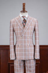 Elegant Light Pink Peak Lapel Plaid Business Suit for Men