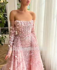 Elegant Long 3D Flowers Pink Off-the-shoulder Long Sleeves Prom Dress with Overskirt