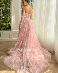 Elegant Long 3D Flowers Pink Off-the-shoulder Long Sleeves Prom Dress with Overskirt