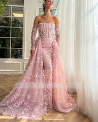 Elegant Long 3D Flowers Pink Off-the-shoulder Long Sleeves Prom Dress with Overskirt