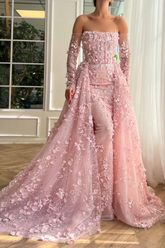 Elegant Long 3D Flowers Pink Off-the-shoulder Long Sleeves Prom Dress with Overskirt