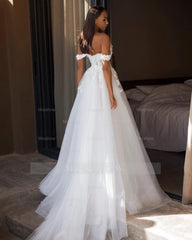 Elegant Long A-line Off-the-shoulder Lace Appliques Tulle Wedding Dress with Slit
