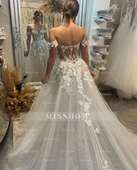 Elegant Long A-line Off-the-shoulder Sweetheart Appliques Glitter Wedding Dress