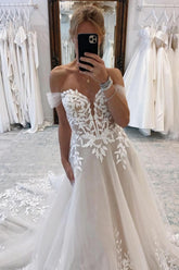 Elegant Long A-line Off-the-shoulder V-neck Appliques Wedding Dress
