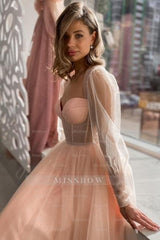 Elegant Long A-line Pink Tulle Long Sleeves Prom Evening Dresses Peach Party Dress