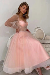 Elegant Long A-line Pink Tulle Long Sleeves Prom Evening Dresses Peach Party Dress