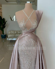 Elegant Long A-line Sequined Lace Sleeveless Satin Prom Dress