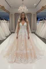 Elegant Long A-line V-neck Tulle Sleeveless Wedding Dresses with Lace