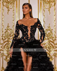 Elegant Long Black Beaded Bodice Tulle Ball Gown Evening Dress with Slit and Ruffles