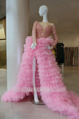 Elegant Long Black Beaded Bodice Tulle Ball Gown Evening Dress with Slit and Ruffles