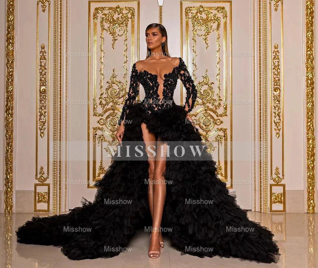 Elegant Long Black Beaded Bodice Tulle Ball Gown Evening Dress with Slit and Ruffles