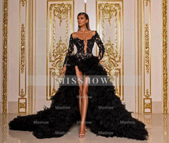 Elegant Long Black Beaded Bodice Tulle Ball Gown Evening Dress with Slit and Ruffles