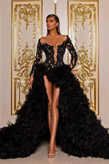 Elegant Long Black Beaded Bodice Tulle Ball Gown Evening Dress with Slit and Ruffles