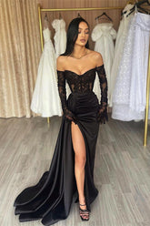 Black off-the-shoulder front-split mermaid prom dress