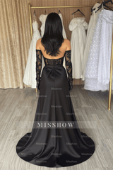 Elegant Long Black Off-the-shoulder Lace Mermaid Prom Dress With Slit