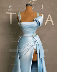 Elegant Long Blue A-line Straps Pearls Sleeveless Prom Dress With Slit