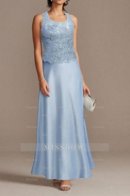 Elegant Long Blue Lace Satin Mother of the Bride Dresses with Jacket