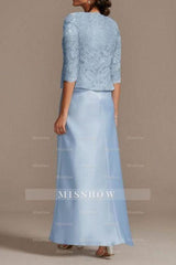 Elegant Long Blue Lace Satin Mother of the Bride Dresses with Jacket