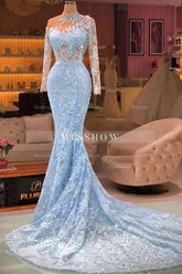 Elegant Long Blue Mermaid Long Sleeves Lace Prom Dress With Train