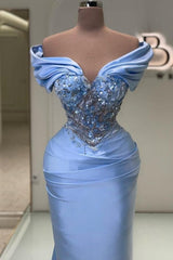 Elegant Long Blue Mermaid Off-the-shoulder Lace Beading Sleeveless Prom Evening Dresses