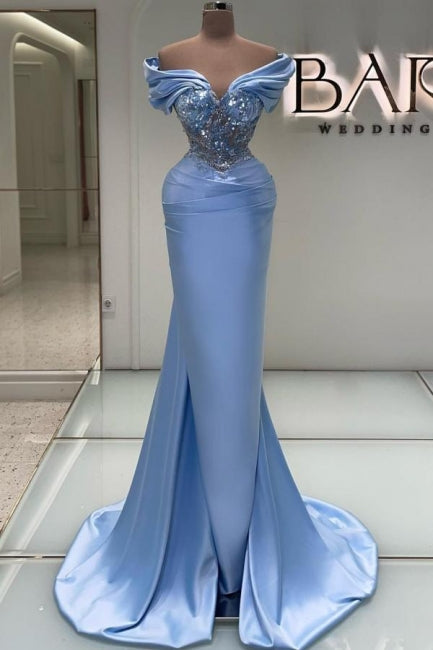 Elegant Long Blue Mermaid Off-the-shoulder Lace Beading Sleeveless Prom Evening Dresses