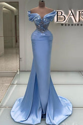 Elegant Long Blue Mermaid Off-the-shoulder Lace Beading Sleeveless Prom Evening Dresses