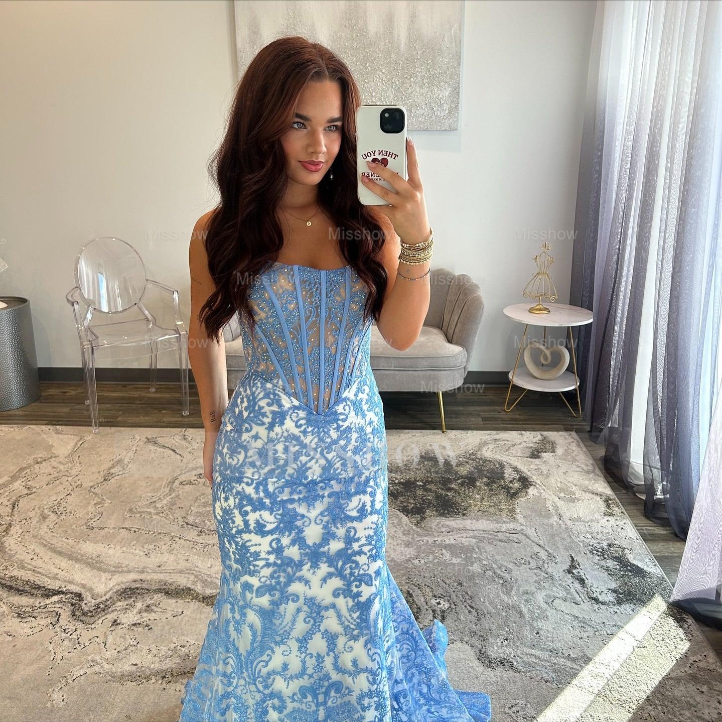 Elegant Long Blue Mermaid Strapless Lace Prom Dress